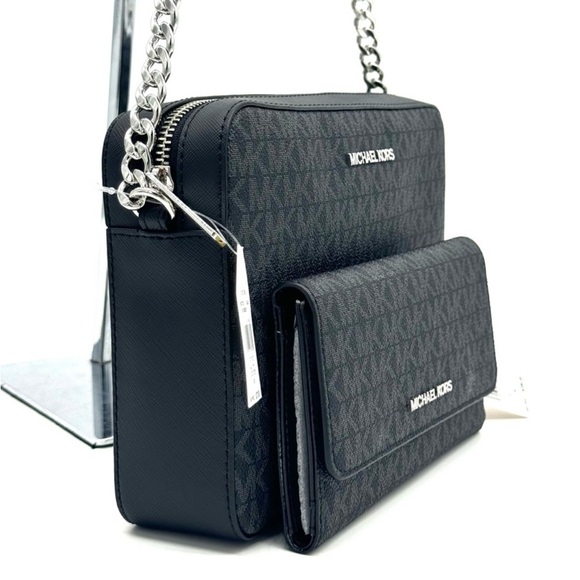 Michael Kors Large Jet Set Item EW Crossbody Bag & Large Trifold Wallet Black - Picture 4 of 11